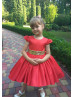 Coral Satin Gold Sequin Belt Flower Girl Dress